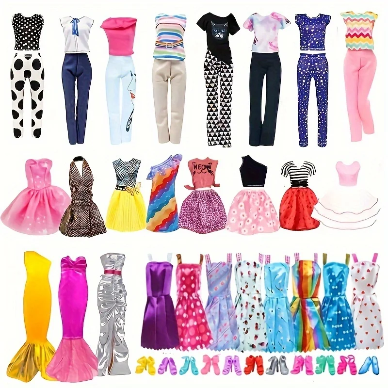 30Pcs Doll Clothes And Accessories Set for Barbie Dolls Include 4Fashion Dresses 4Top And Pants 2Long Dresses 10Shoes 10Dresses