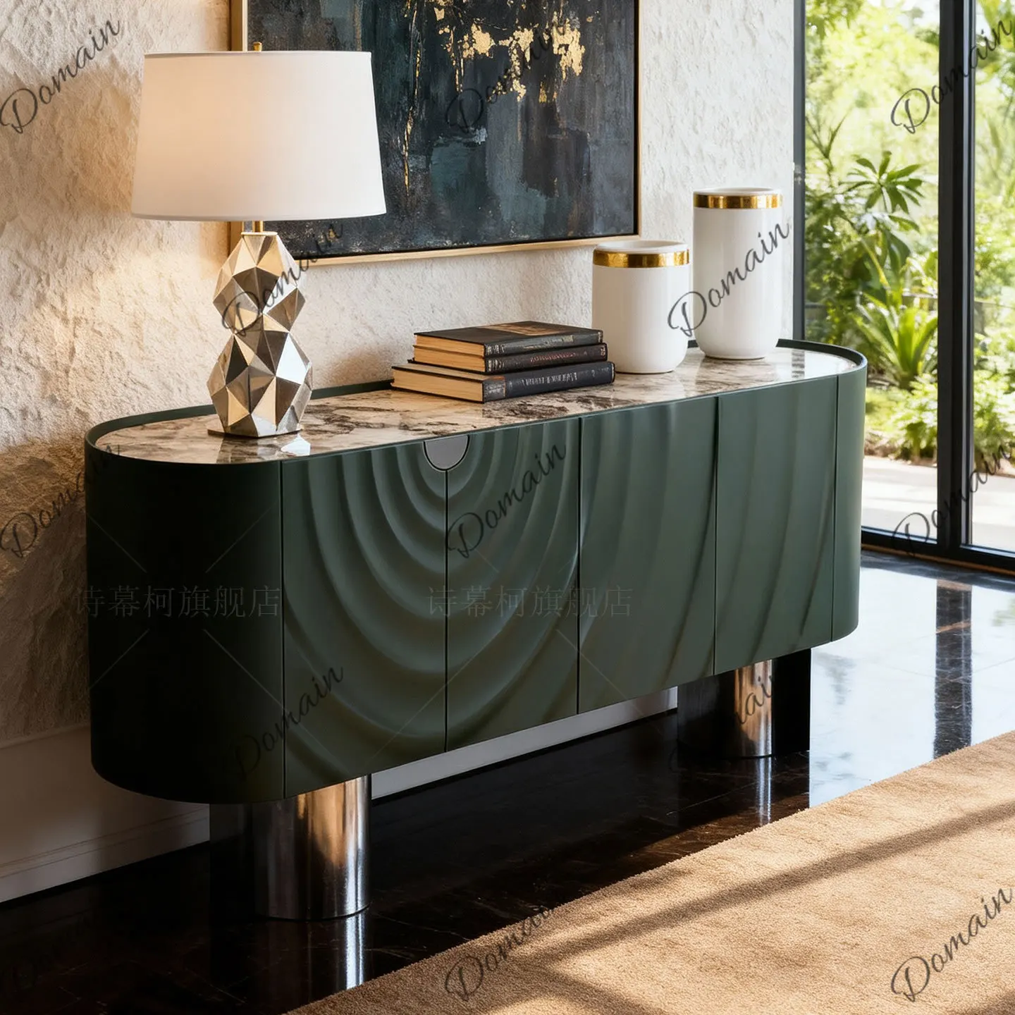 Italian light luxury green dining side cabinet,  entry porch cabinet, locker, ripple series wave-shaped decorative cabinet