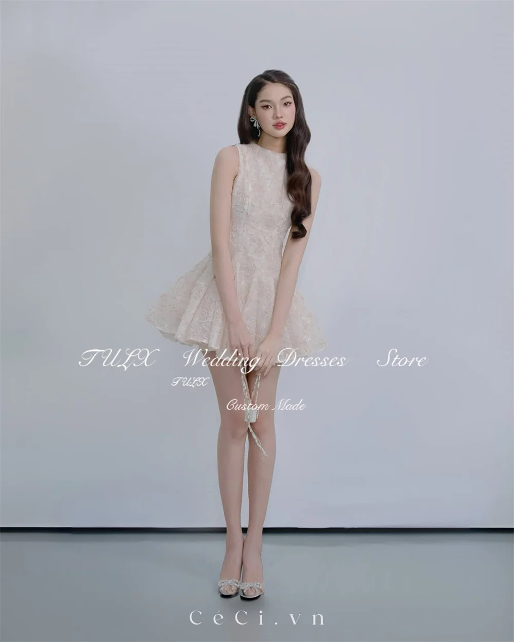 TULX ชุดเดรสสั้นลูกไม้สีชมพูเจ้าหญิง คอทรงโอ แขนกุด ชุดเดรสงานเลี้ยงวันเกิด ทรงเอ ความยาวเหนือเข่า ชุดเดรสค็อกเทลแบบเป็นทางการ