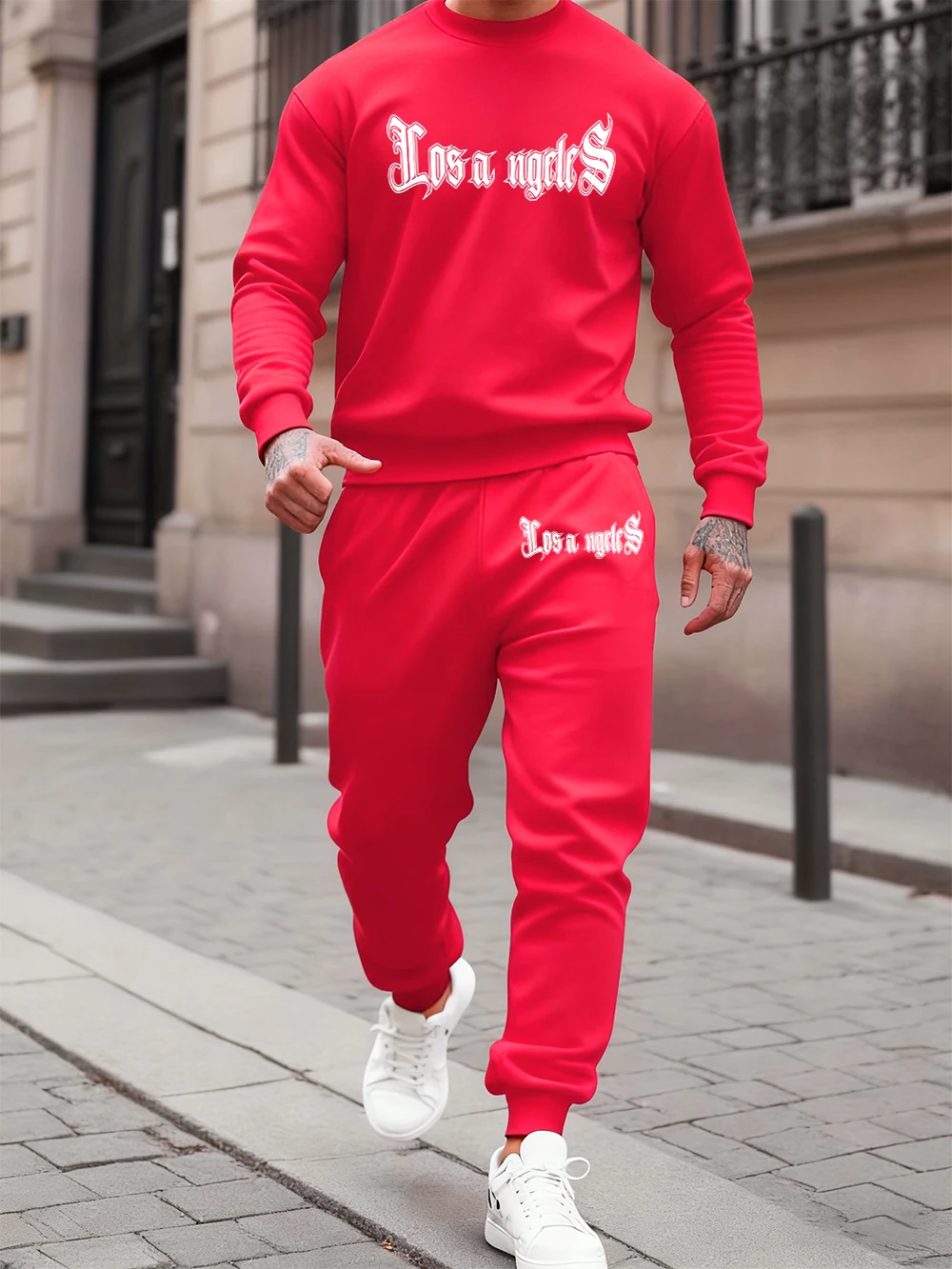 

2 Pcs Hoodies Set Mens Los Angeles Letter Print Sweatpant Swinter Loose Fleece Warm Hoody Jogging Pants Sporty Crewneck Clothes