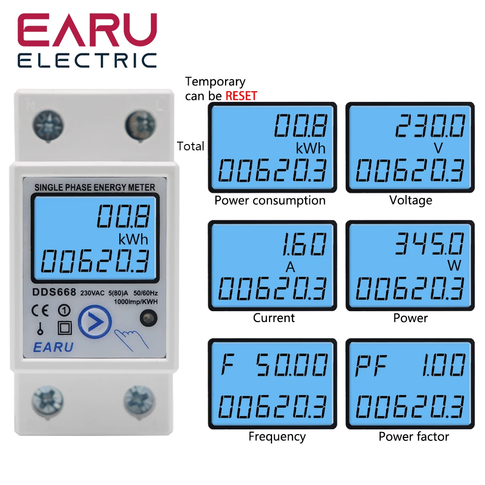 Din Rail Digital Single Phase Reset Zero Energy Meter kWh Voltage Current Power Consumption Meter Wattmeter Electricity 220V AC