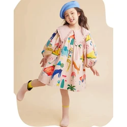 2023 Spring Girls Long Sleeve Dress Toddler Baby Print Cute Dresses for Girls Peter Pan Collar Loose Princess Dress Clothing 6 8