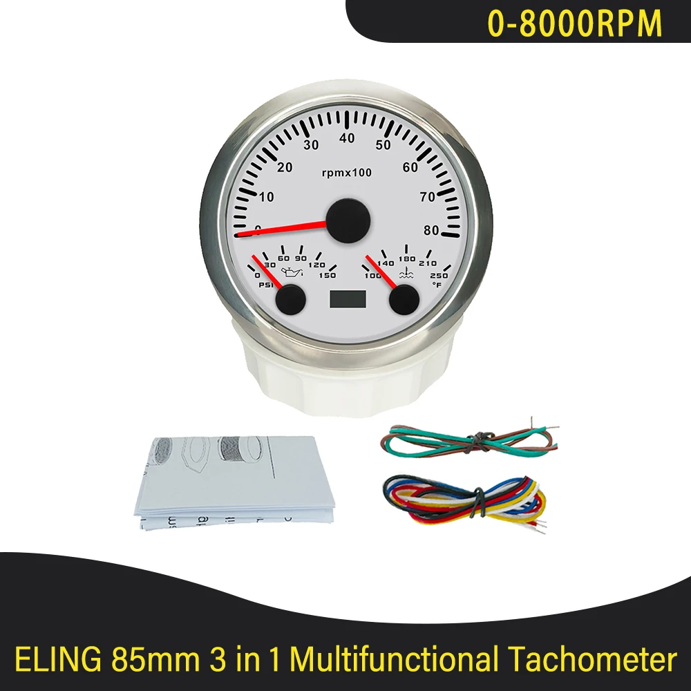 Universal 85mm 3 in 1 Multifunction 0-3000RPM 0-6000RPM 0-8000RPM Tachometer with Oil Pressure Water Temp 7 Colors Backlight
