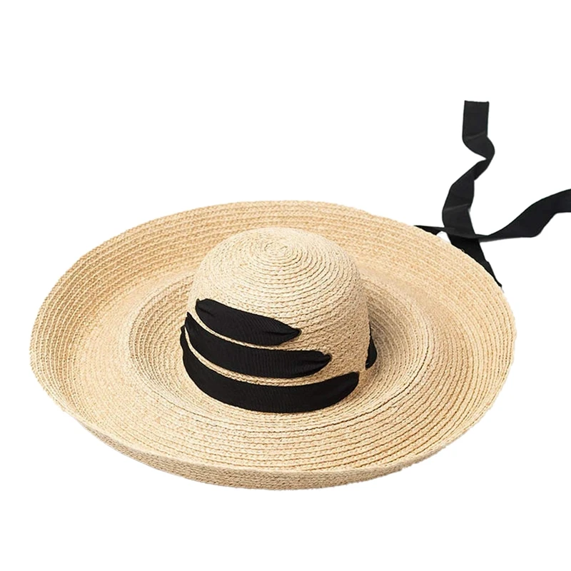 

NEW-Black Bandage Ribbon Ladies Raffia Hat Roll Up Kentucky Derby Sun Hat Large Wide Brim Summer Beach Straw Hat