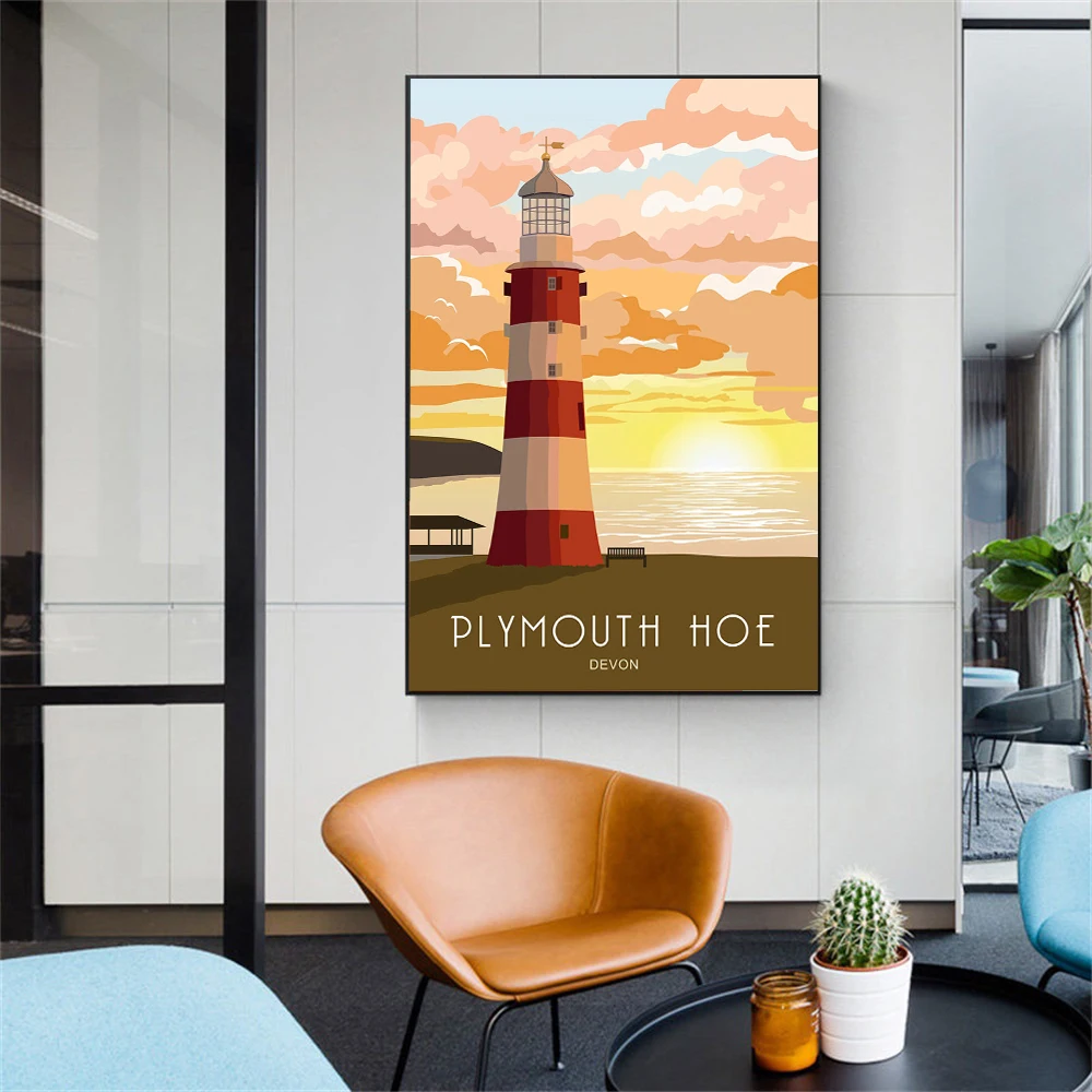 Plymouth Hoe Smeaton Tower Devon travel poster Vintage travel art print Home decor Sunset lighthouse canvas painting poster