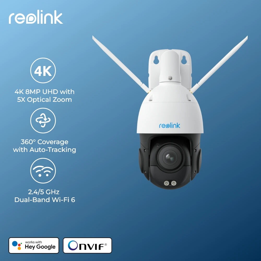 REOLINK 4K Wi-Fi 6 PTZ Security Camera 5X Optical Zoom Pan & Tilt Auto Tracking Smart Detection 8MP Onvif Dome Outdoor IP Camera