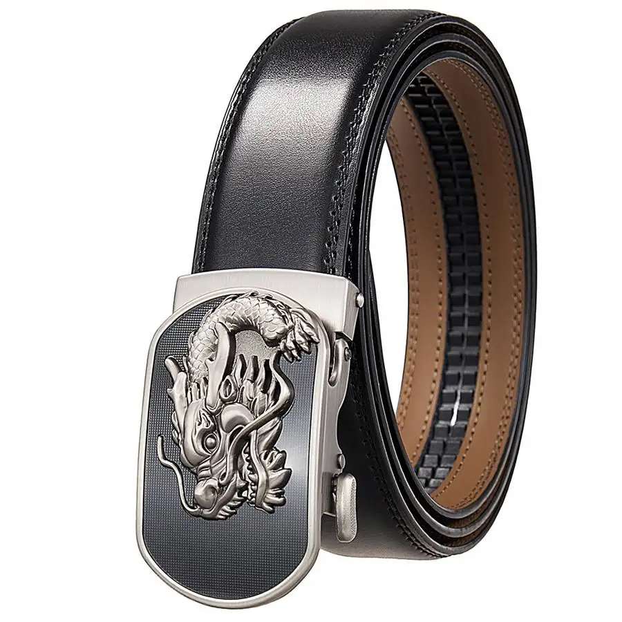 Men’S Leather Ratchet Dress Belt with Automatic Buckle  Men Automatic Buckle Belt Luxury Men`s Leather Belts Alloy Buckle