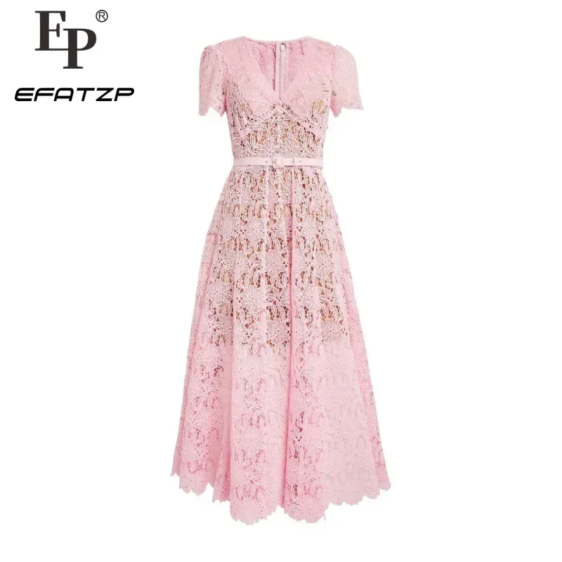 

Pink Long Dress Lace Splicing Embroidered Lapel Dress Large Skirt with Belt