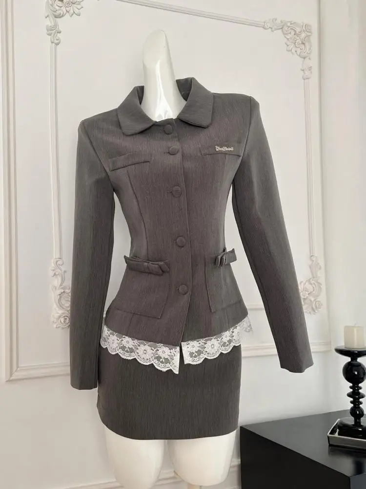 

New Women Gray Lace Single Breasted Long Sleeve Lapel Cardigans Tops And High Waist Short Skirt 2024 Autumn Winter Two Piece Set