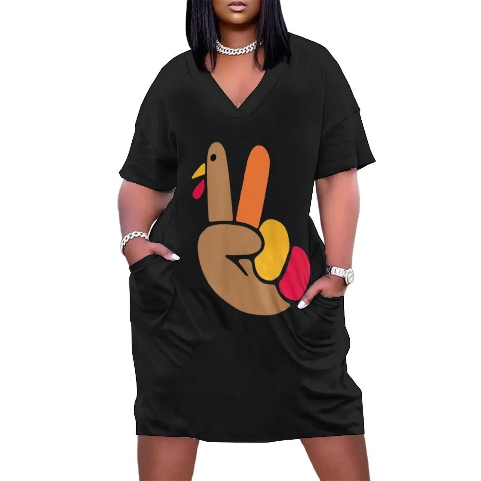 

Peace Hand Turkey Design For Ugly Thanksgiving Sweater Idea Loose Pocket Dress clothes for woman women's evening dress 2025