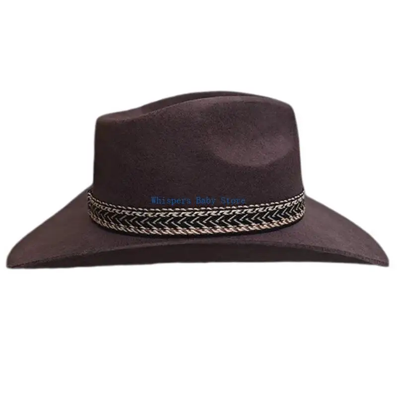 U90E Classical Outback Hat for Women Men with Woven Belt Panama Hat Roll Brims Wool Hat Cosplay Costume Adult Theme Party Hat