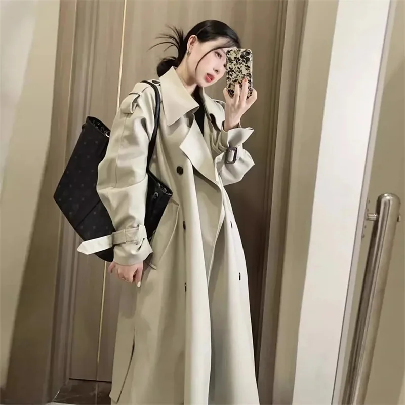 Trench lungo da donna Cappotti con bottoni con lacci Manica intera Colletto rovesciato Giacche con giunture Tasche solide Office Lady Streetwear