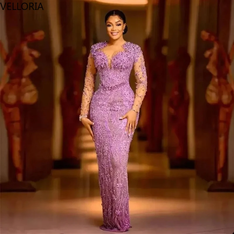 

African Plus Size Purple Beaded Mermaid Evening Dresses Lace Elegant Prom Gown Aso Ebi Long Engagement Party Dress Customized