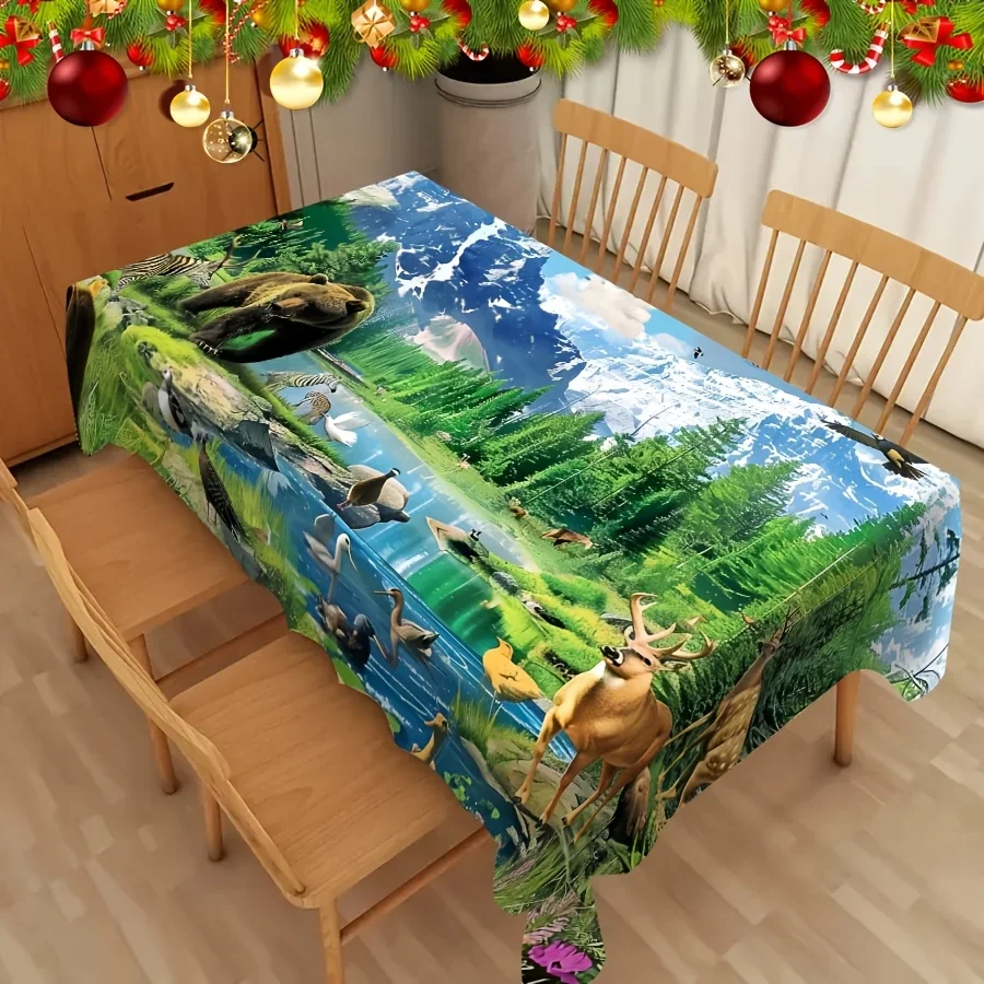 JIT - Forest Animal Landscape Tablecloth - Brown Bear and Deer by the Lake - Natural Mountain Scenery Printxzj