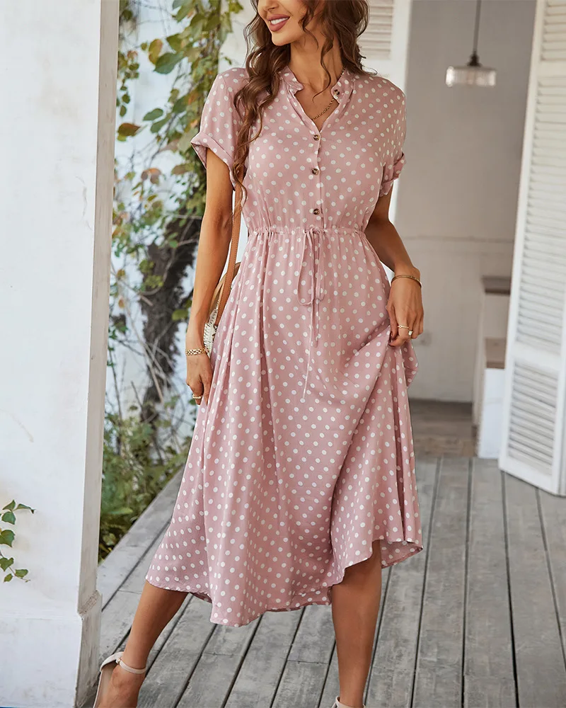 VOLALO Ladies Polka Dot Print Shirt Dress Women Casual Midi Holiday Summer Dress Female Loose Beach Dress Sundress Robe Vestidos