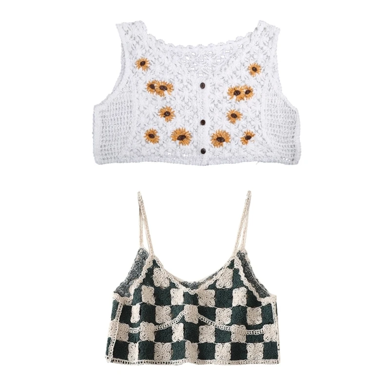 

Women French Crochet Sleeveless Camisole Open Front Cardigan Jackets Vintage Hollow Out Knit Floral Crop Top Mini Vest