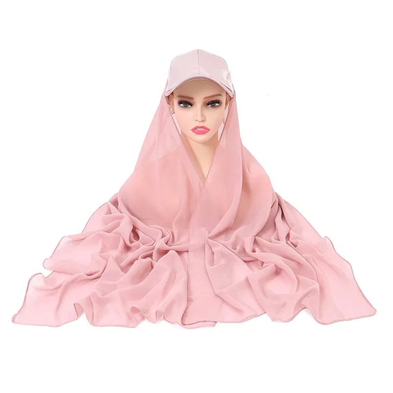 New Chiffon Hijab with Satin Base Ball Cap Summer Woman Hat with Chiffon HIjabs Ready To Wear Turban Instant HIjabs Headscarf