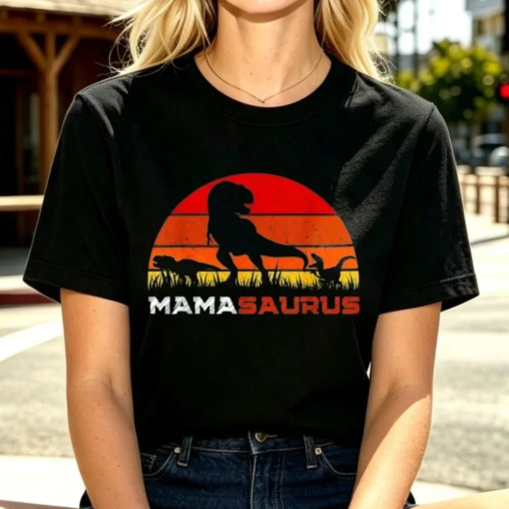 New Mamasaurus Dinosaur Sunset Print T Shirt Women Vintage Black Short Sleeve Crew Neck Casual Summer Mom Gift