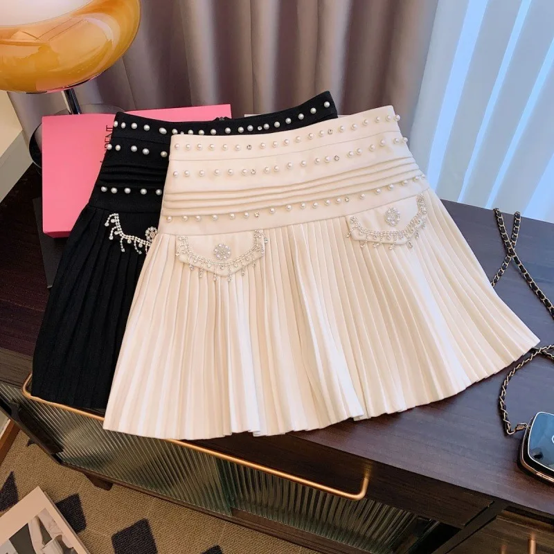 

Heavy Industry Beads Woolen Pleated Skirts Women Autumn Winter High Waist Slimming A- Line Mini Skirt Korean Style White Skirt