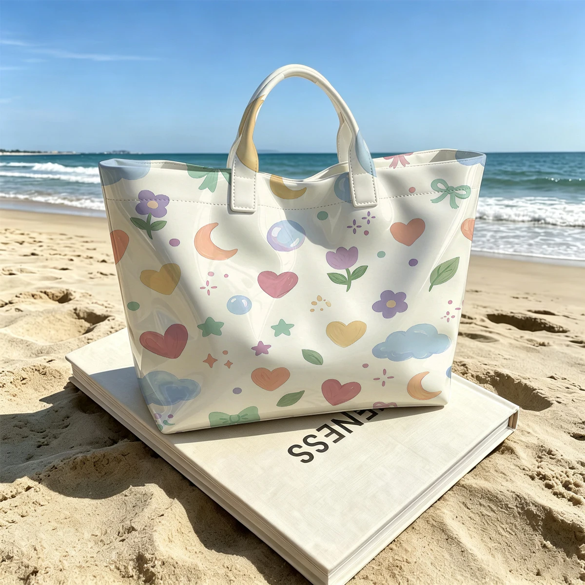 Pastel Dream Fashion Large Glossy PVC Tote Bag Hand Washable Waterproof Perfect Travel Commute Cosmetic Storage Shopper