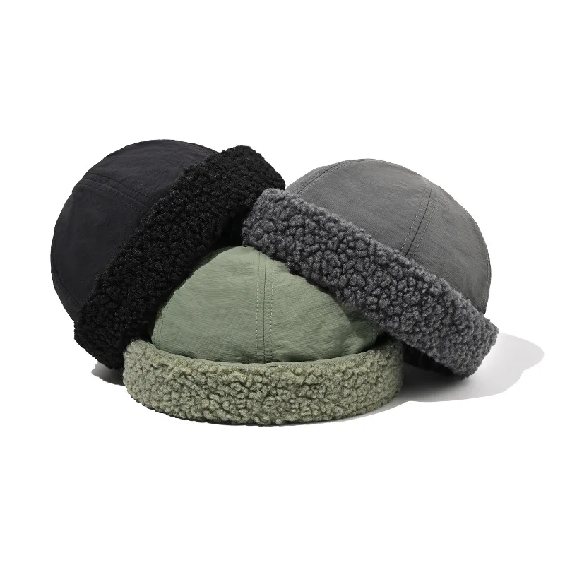 

Japanese Autumn and Winter Melon Rind Hat Quick-drying Yuppie Hats Men and Women Outdoor Padded Lamb Wool Splicing Landlord Cap