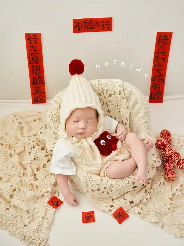 Baby Costume Knit Jumpsuit Hat Photography Clothes Tanghulu Spring Couplets Decorative Props Chinese New Year Photo Shoot Theme