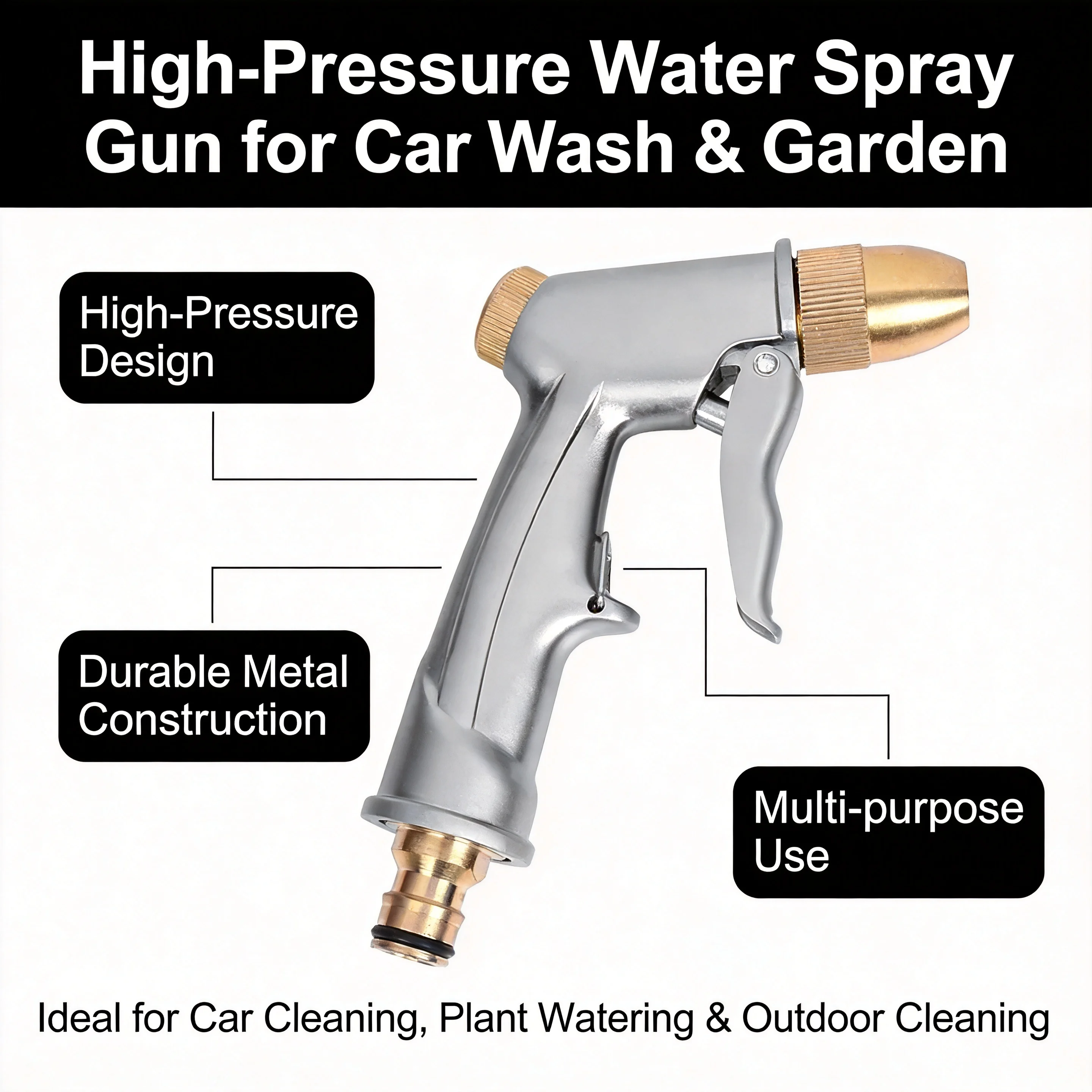 High Pressure Water Spray Gun – Metal Brass Nozzle Garden Hose Pipe – Lawn Car Wash Sprayer Sprinkler – Car Wash Tool
