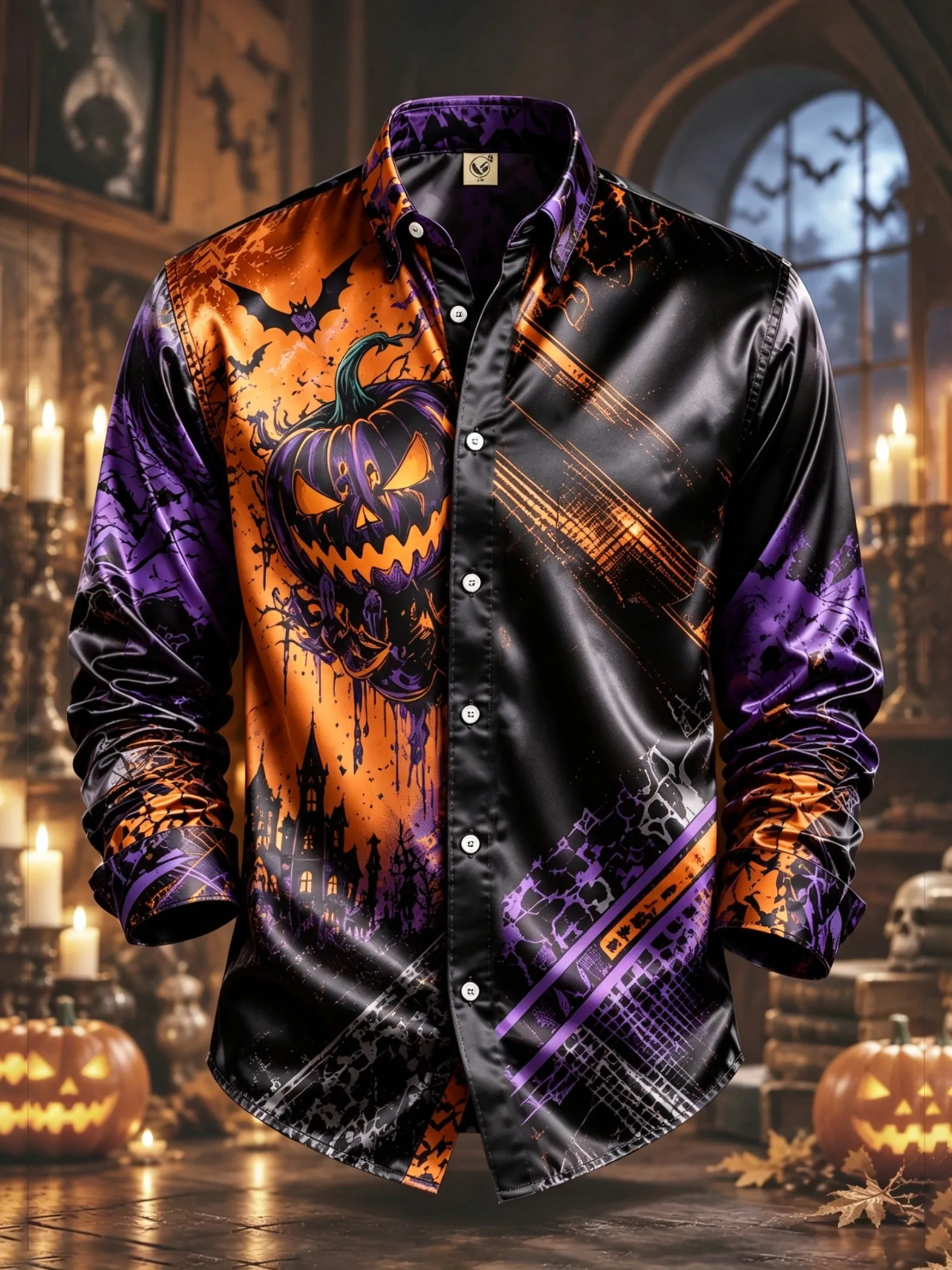 Men Satin 3D Print Long Sleeve Shirt Halloween Pumpkin Bat Castle Gothic Lapel Party Tops