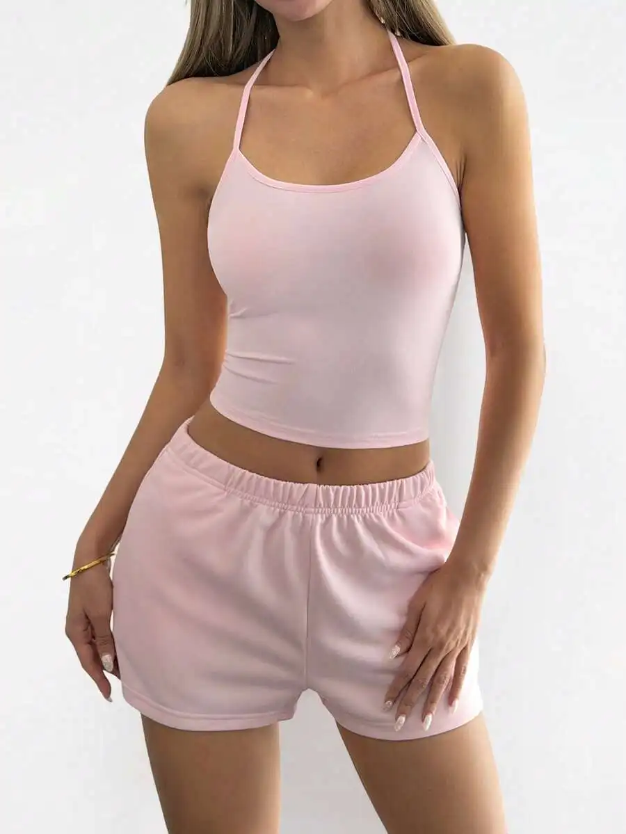 

Pink 2-Piece Set Women Sleeveless Camisole And Elastic Waist Shorts Casual Summer Outfit
