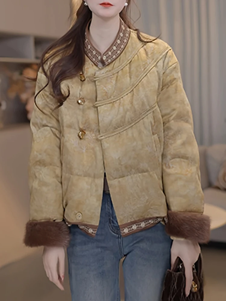 New Chinese Style Floral Print down Cotton Jacket Women's Winter Thickened Unique Beautiful High-End Feel Outerwear
