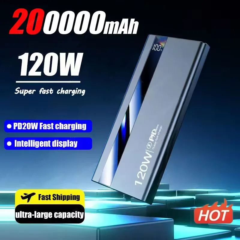 200000mAh 120W Power Bank High Capacity Digital Display Super Fast Charging Portable Power Bank For iPhone Huawei Samsung 2025