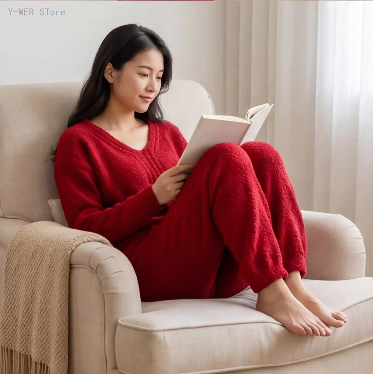 Women Christmas New Year Half Velvet Pajama Set Retro V Neck Vertical Texture Wearable Outside Ladies Homewear Sleepwear