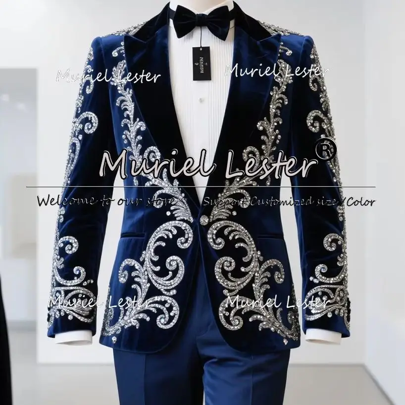 

Brilliant Crystals Beaded Velvet Suits Men 2 Pieces Sets Single Breasted Groom Blazers Customized Man Wedding Tuxedos Luxury