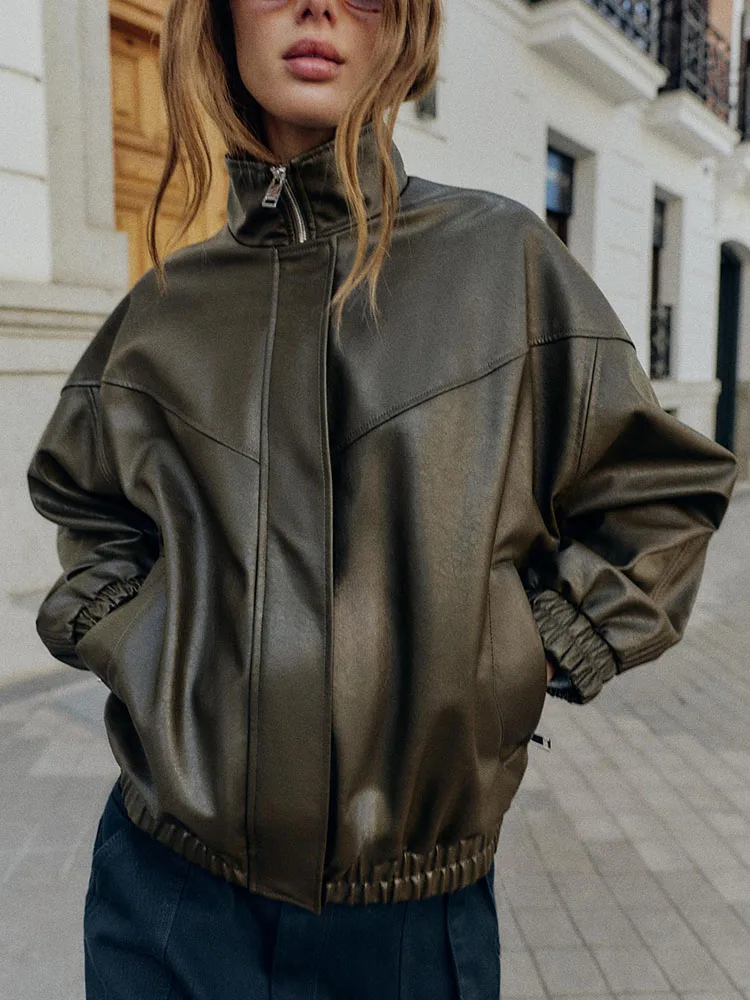 

Faionable Sweet Long Sve Stand Collar Faux Leather Jaet Outerwear New Arrival Winter 2025 Women's Casual Sle Zipper ...