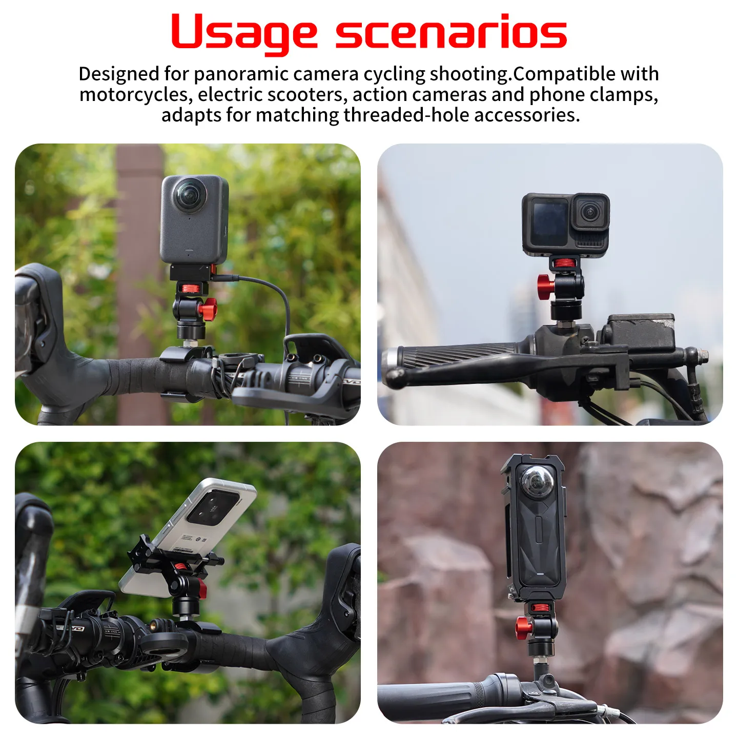 Doppelgängiges Verriegelungs-Kamerahalterung 180 ° 360° Neigung ° Drehbarer Aluminium-Kugelkopfhalter für GoPro, DJI, Insta360, Smartphone, Motorrad, Fahrrad – Detail 11