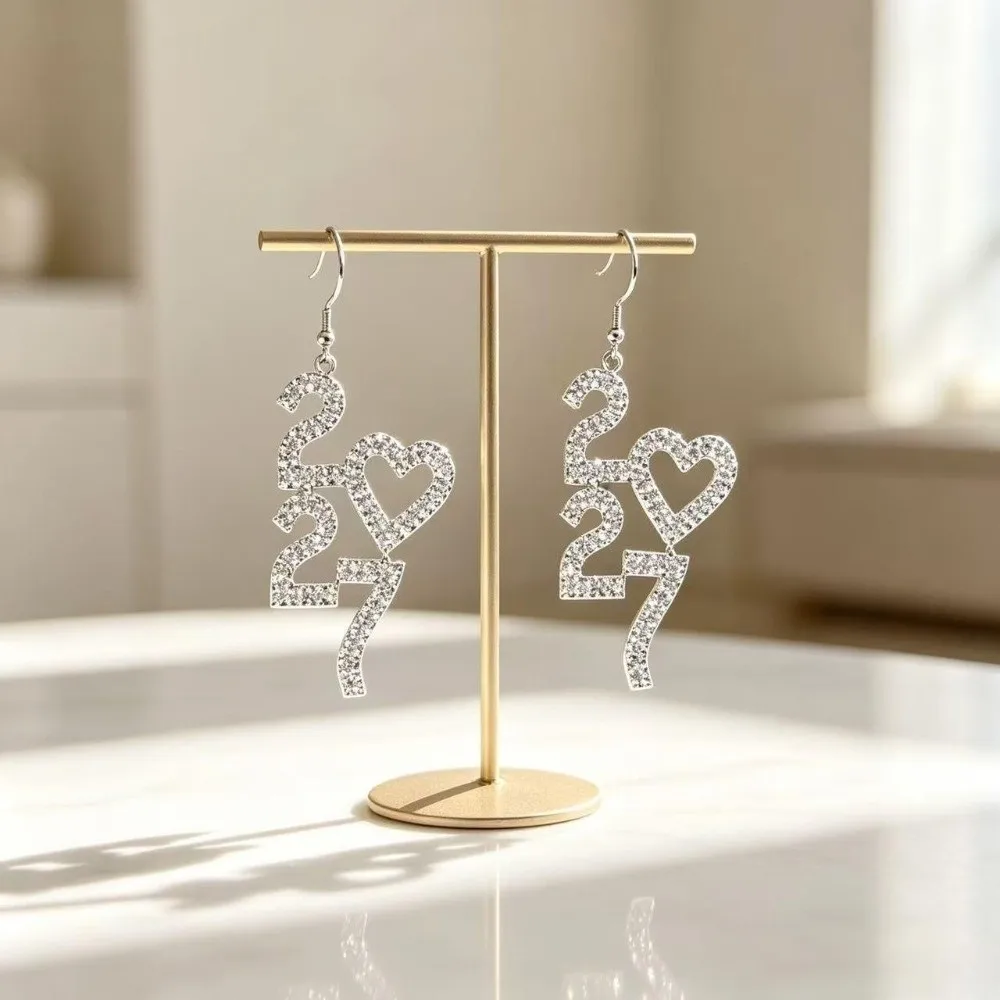 Elegant 2027 Digital Earrings Rhinestone Love Heart Happy New Year Earrings Long Drop Shiny Stud Earrings Christmas