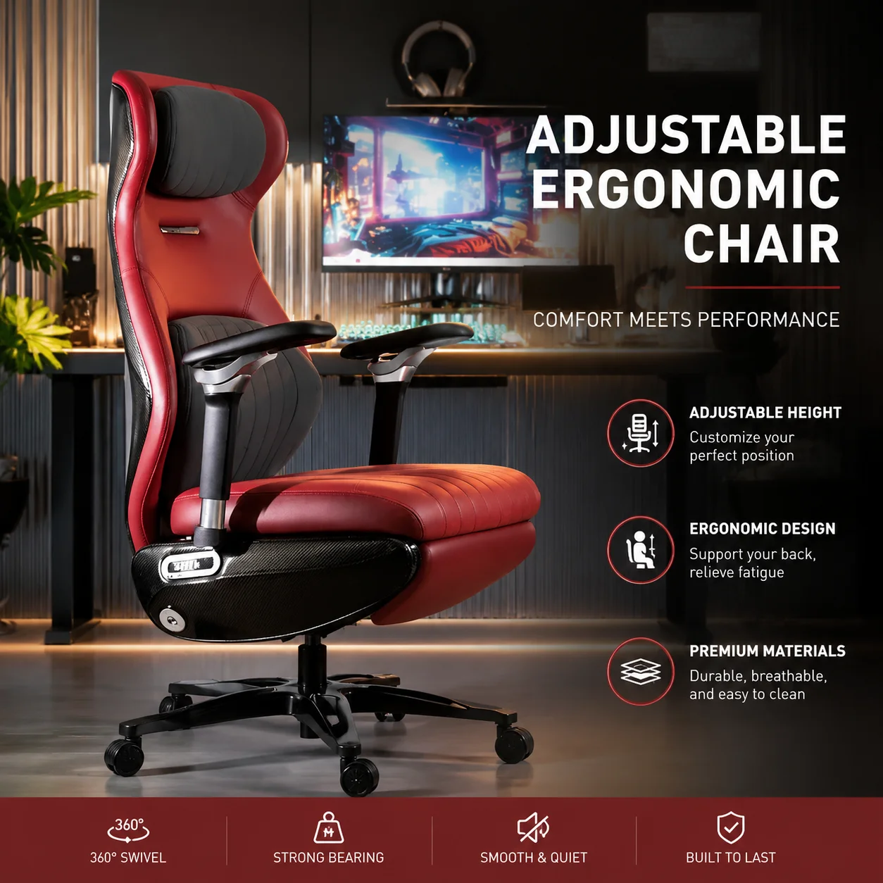 Ergonomic Office Chair for Gaming and Remote Work – Adjustable Lumbar Support, Breathable Mesh Back, Smooth Casters