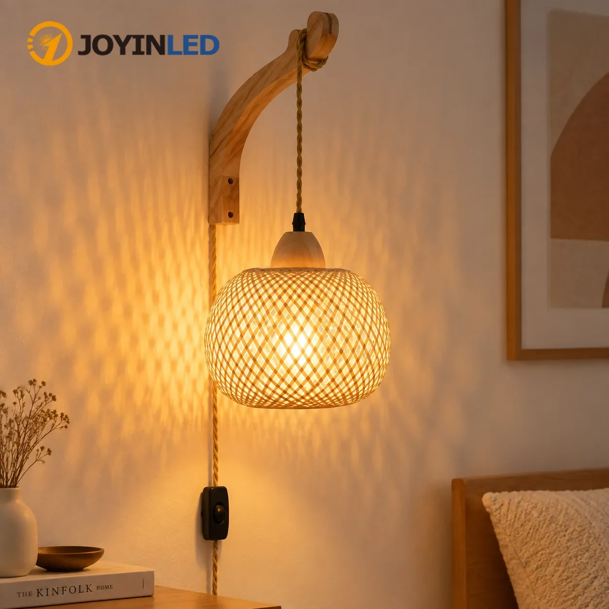 JOYINLED Bamboo Plug in Wall Lamp Woven Wall Sconce with 3M Plug Peel and Stick Indoor Wall Light for Over Mirror Bedroom Living