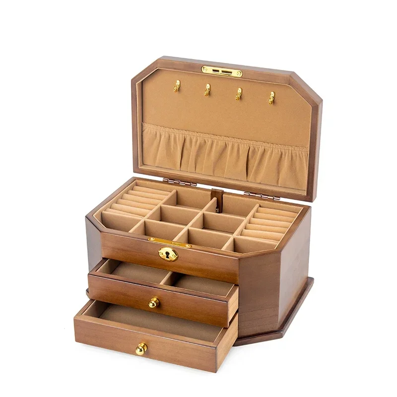 

Solid Wood Jewelry Storage Box with Lock Multi-Layer Wooden Earrings Bracelet Necklace Jewelry