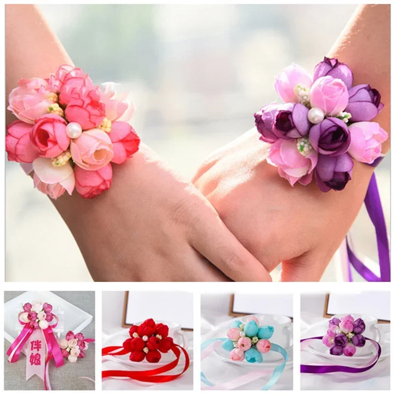 1PC Wedding Wrist Flowers Rose Wrist Corsages Party Dance Hand Flower Bridesmaid Silk Flower Bracelet for Wedding Accessories