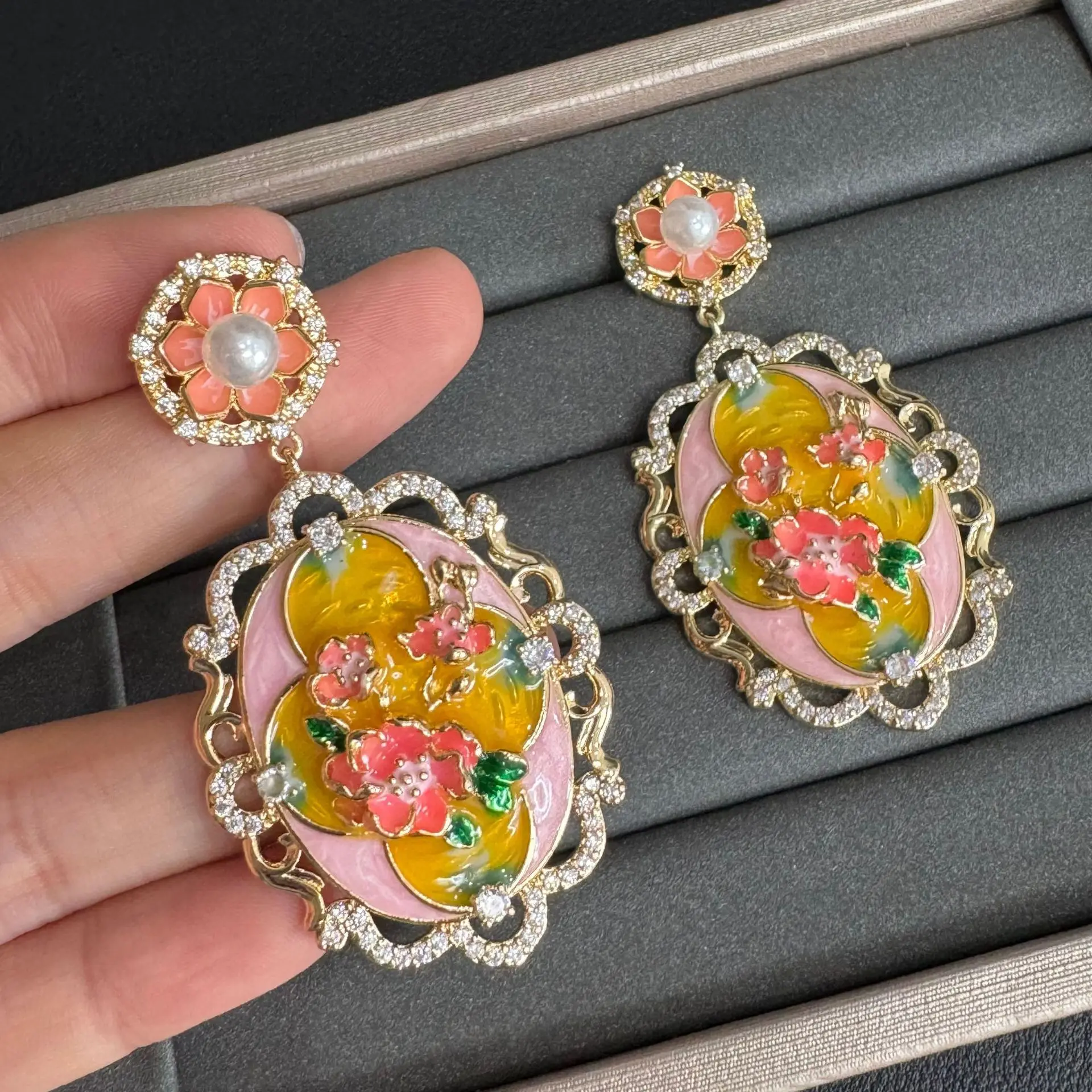 

women earrings unique design pink yellow flower dangling earrings oil painting rural style sweet jewelry gift