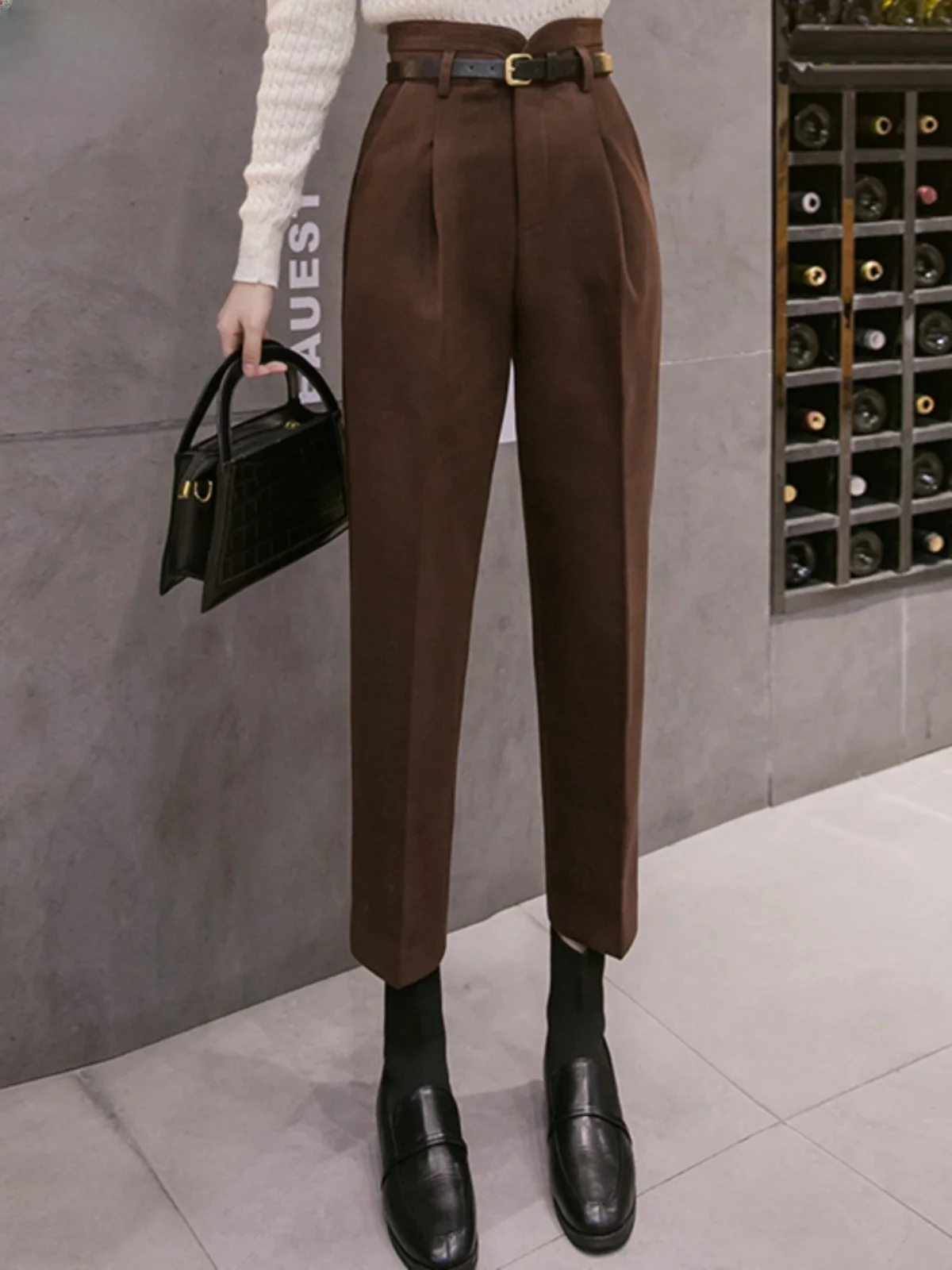 

High Waist Straight Leg Bla Woolen Carrot Pants Women's Autumn Winter Harem Pants Korean Sle Asymmetric Design Casual Tro...