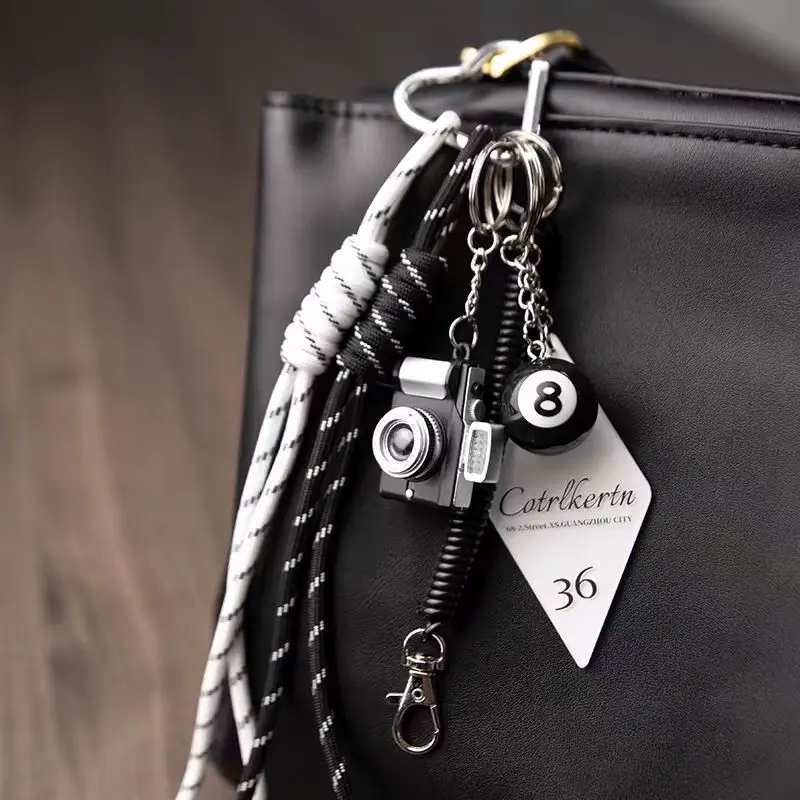 Corda vintage preta 8 mini câmera chaveiro saco encantos para mulheres homens bolsa y2k saco acessórios chave do carro pingentes mochila presentes