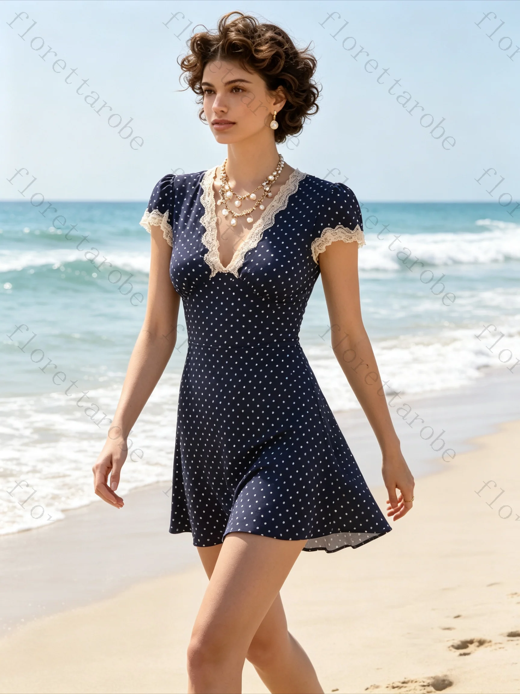 Customized Vintage Navy Polka Dot Lace Patchwork V Neck Short Mini Dress Elegant Women Beach Party Cocktail Evening Outfit