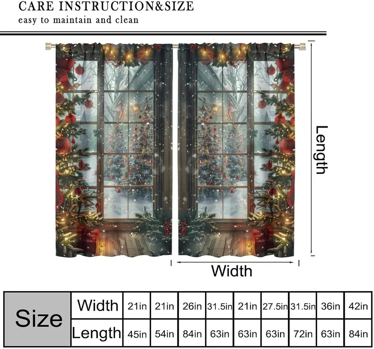 Merry Christmas Curtains with Snowflakes, Snow Scenery, Colorful Xmas Balls and Tree Print, Festive Drapes for Living Room
