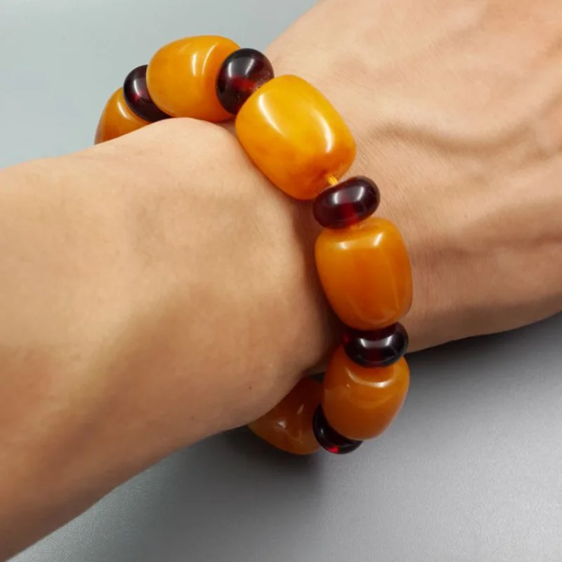 Factory Direct Sales Bracelet Domineering Men's Barrel Beads Universal Bracelet Yellow Chicken Grease Amber Beeswax Bracelet