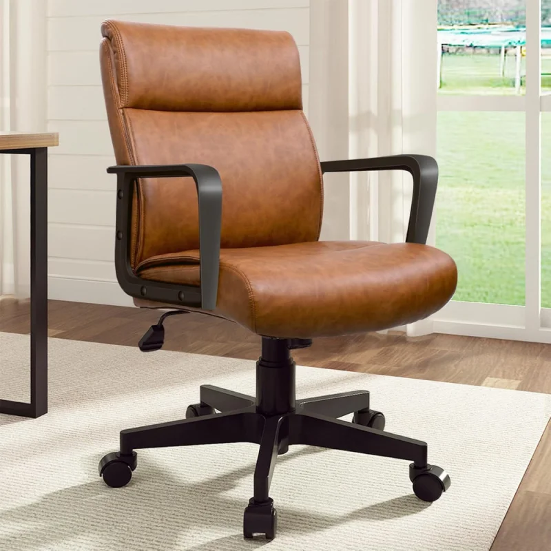 

Office Chair Brown Desk Chair with Wheels Arms, Mid Back Leather Executive Computer Chair Mid Century Chairs for Home Office