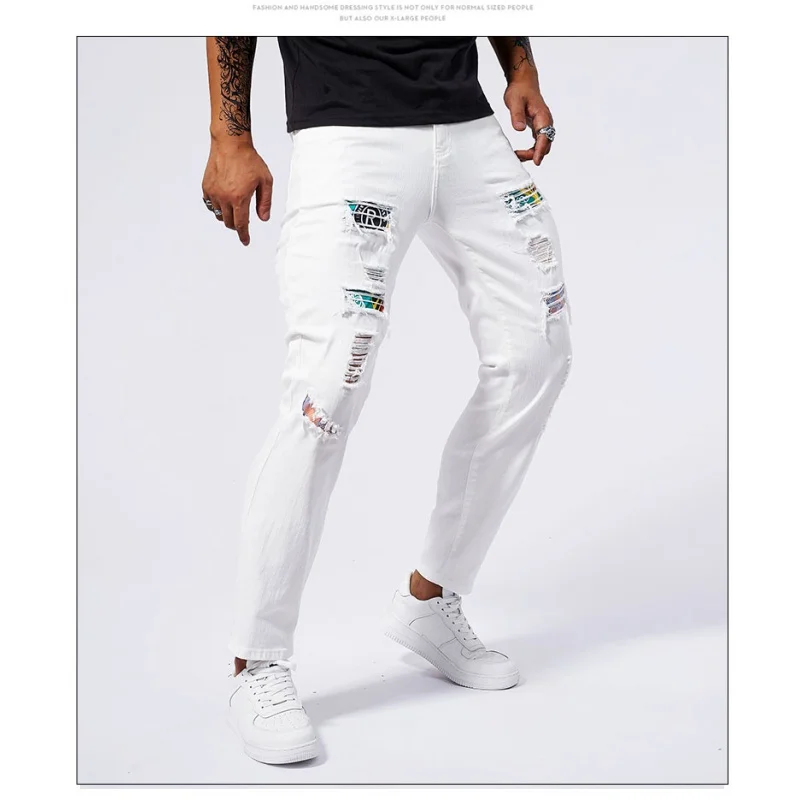 Broken copper patch white jeans for men's tight and elastic summer 2024 new men's fashion street slim fit small leg long pants