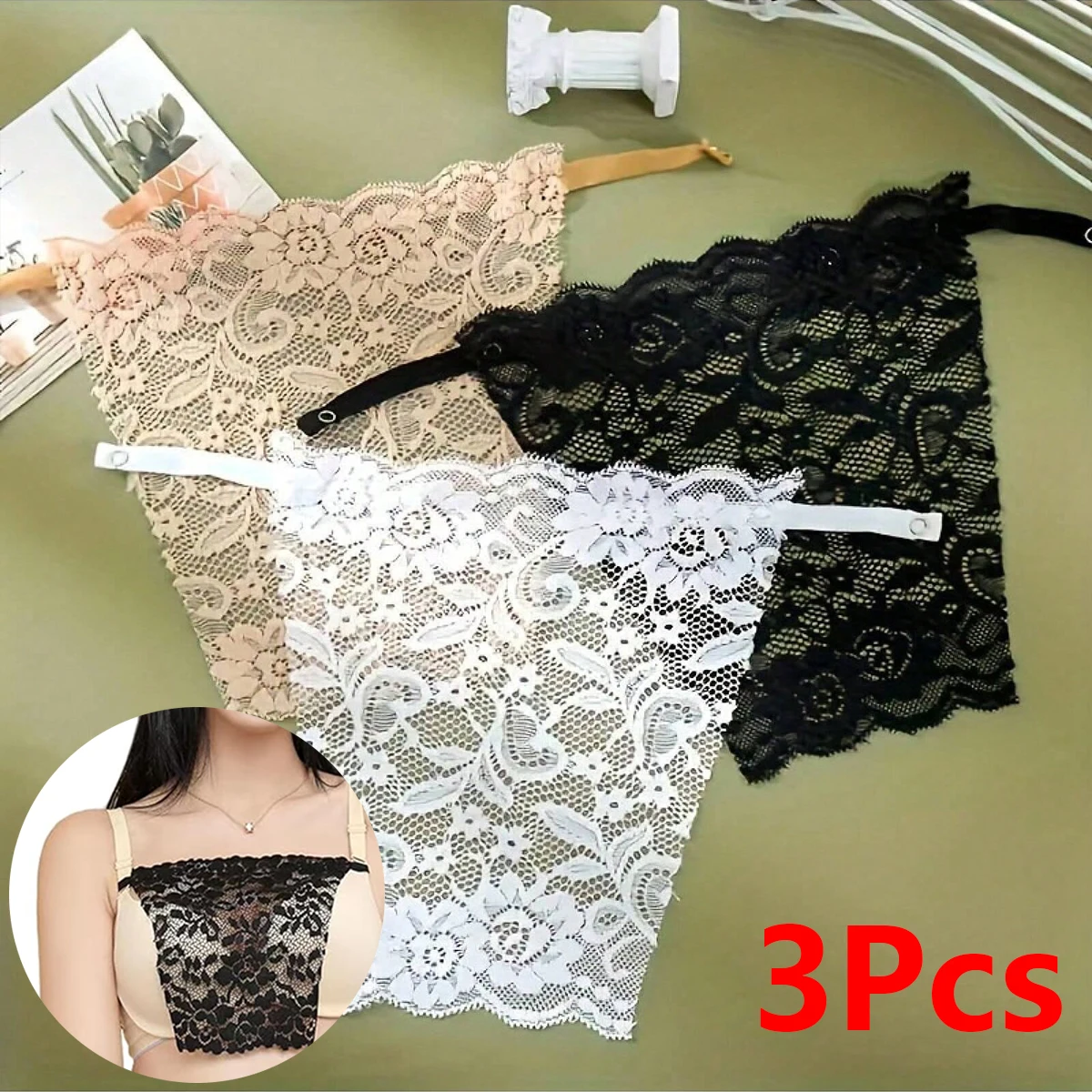 3-Piece Set of Mixed-Color Low-Cut Tops with Modest Patchwork Chest Pads (White, Black, Skin Color) Lace Top Bra Vest Patchwork Overlay Clip-On Simulated Vest Insert Covering Bra Anti-Pee Breathable Bra Pin Comfortable White Black Skin Color Suitable for Women's Privacy