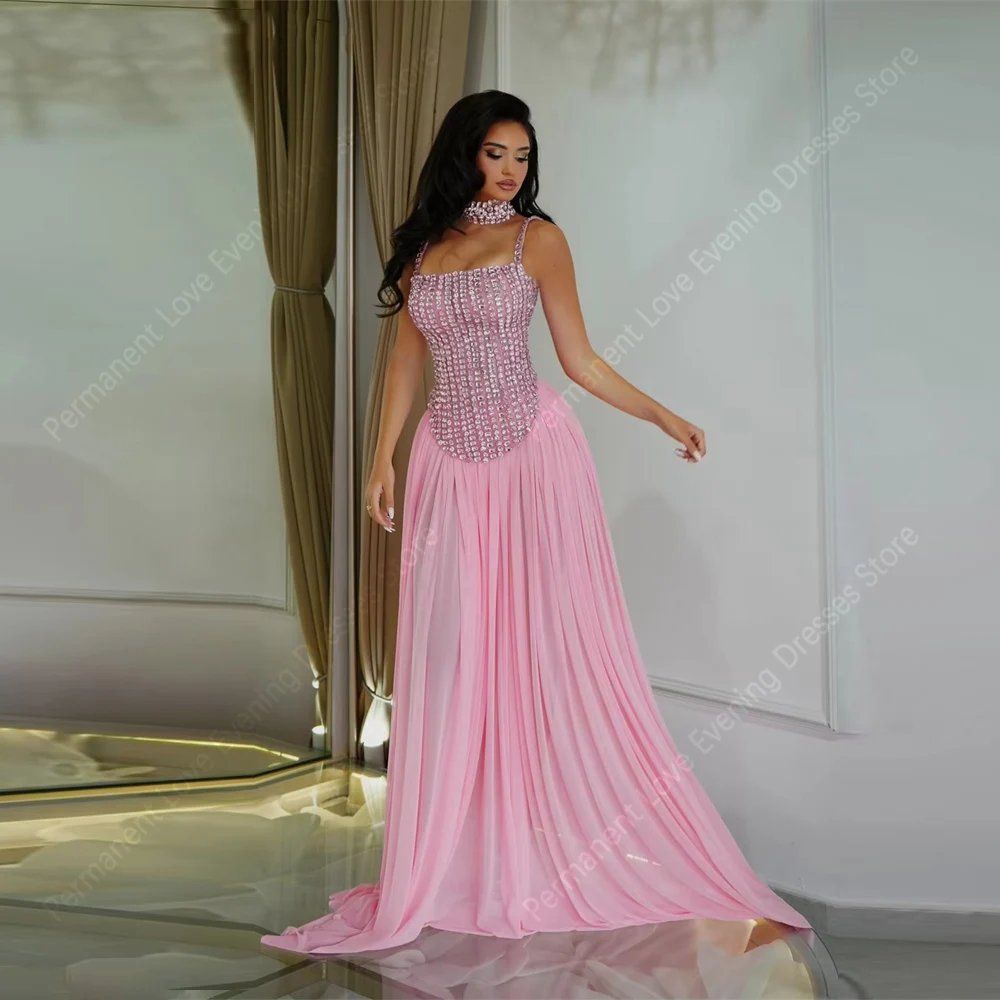 

Elegant Pink Women Evening Dresses Square Collar Sleeveless Backless A-Line Prom Gown Cocktail Party Customized Vestido De Noche